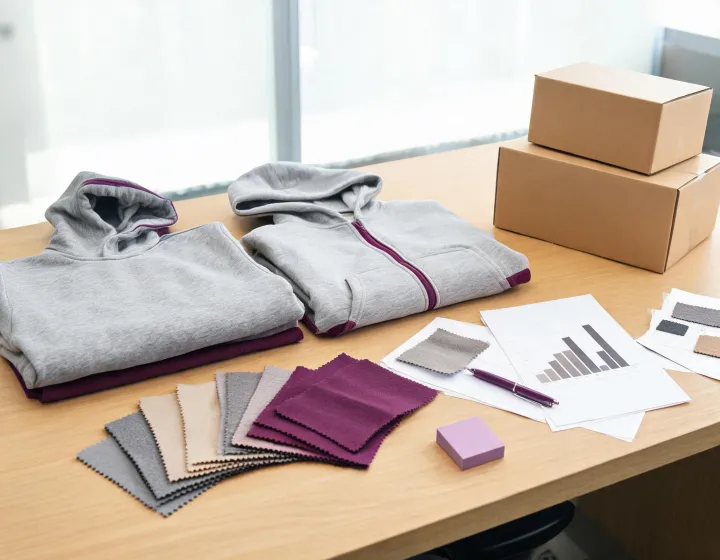 Wholesale hoodie samples and quotation ledger on an apparel buyer desk