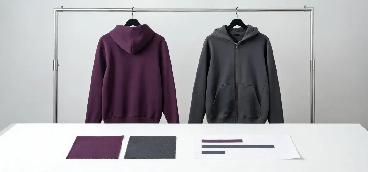 Men's hoodie assortments organized for channel-specific sourcing
